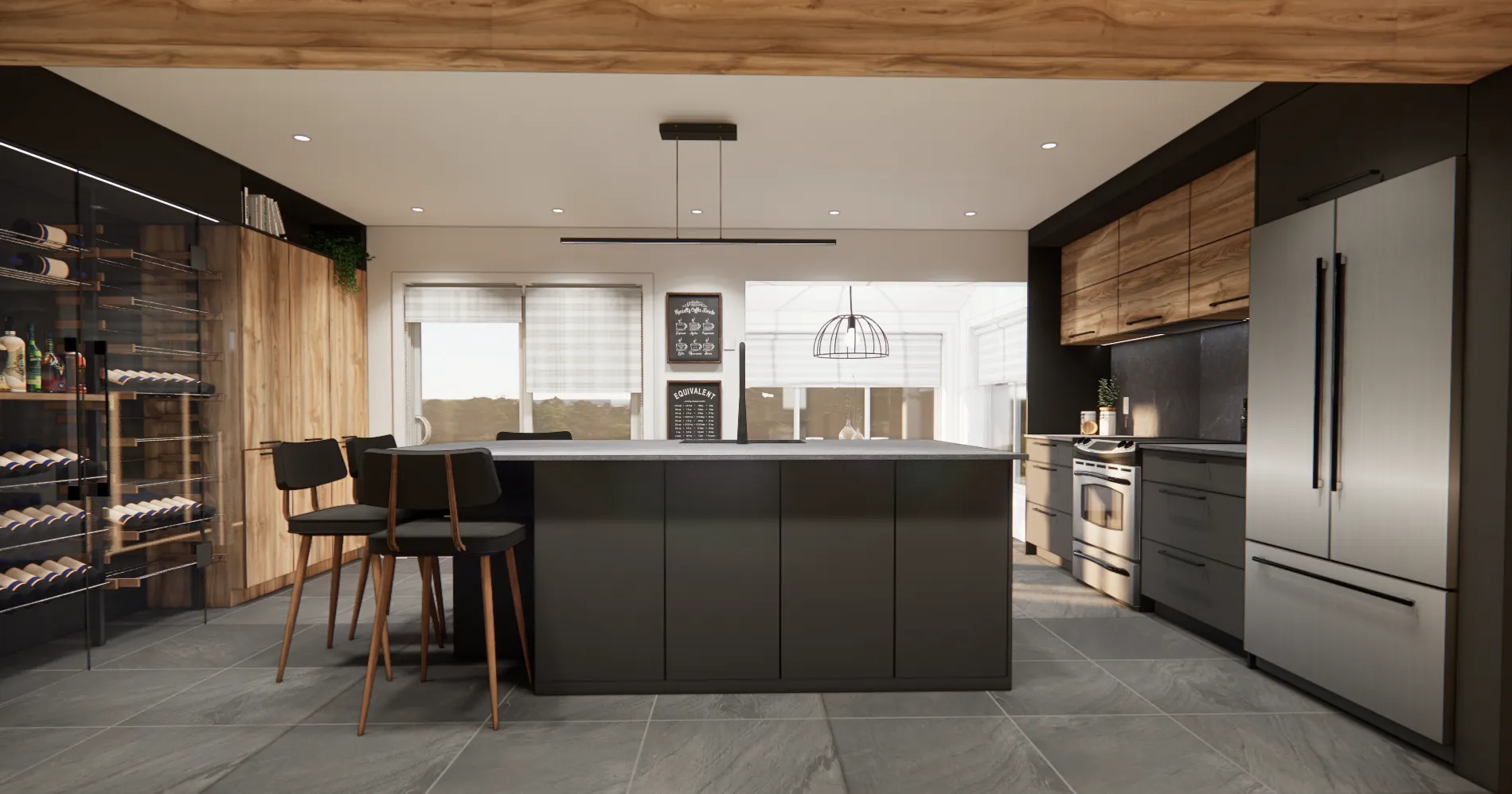 Cuisine contemporaine design avec îlot central noir et bois chaleureux.