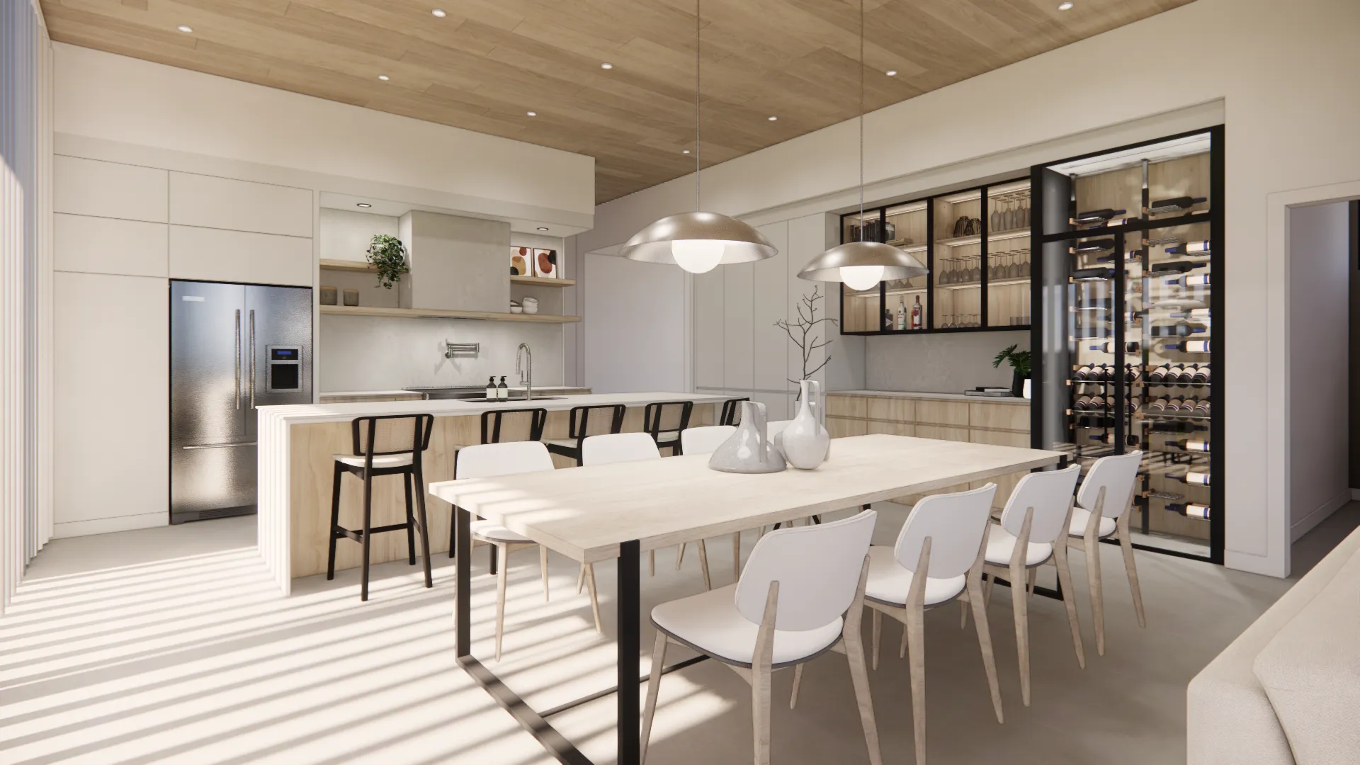 Cuisine moderne et lumineuse avec un îlot central en bois clair et une cave à vins vitrée.