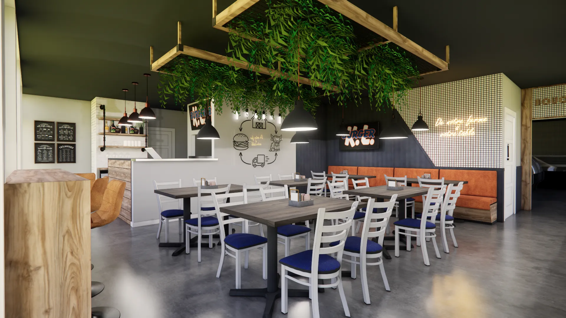Intérieur moderne avec un mur bleu dégradé, des étagères en bois et des fauteuils en forme de goutte d'eau.