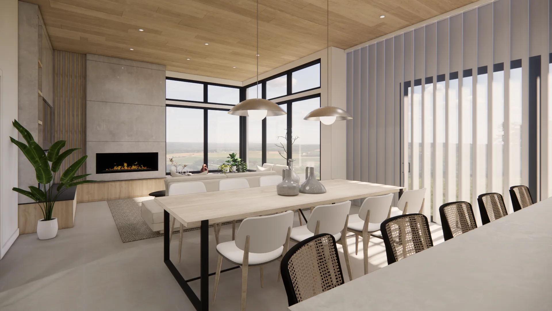 Salon moderne avec table blanche, fauteuils en bois et cheminée.