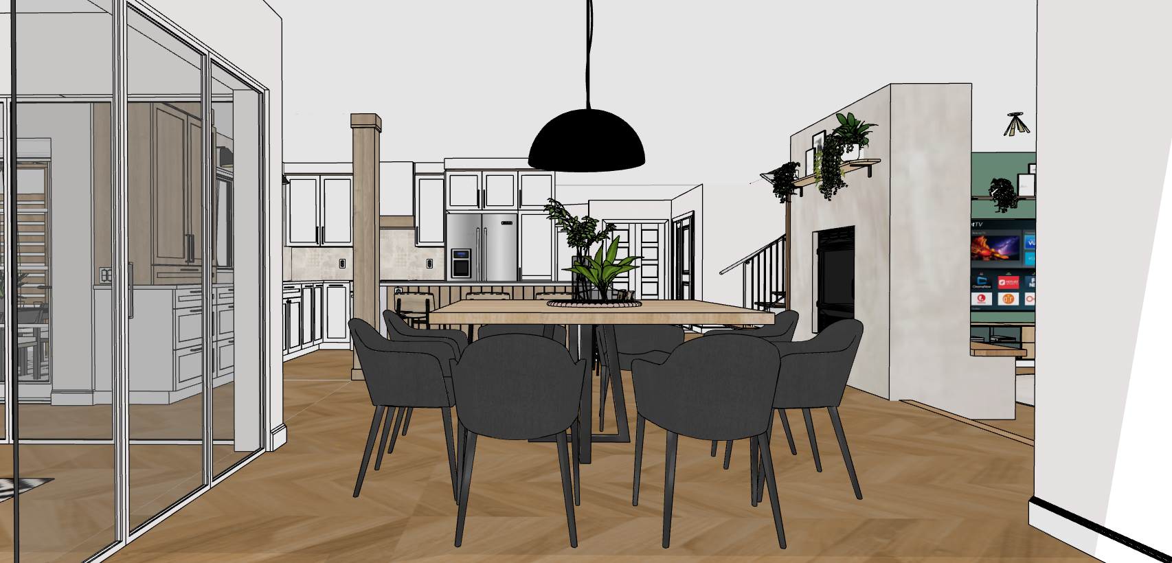 L'image présente un aménagement intérieur moderne, avec une salle à manger ouverte sur une cuisine et un salon. Salle à manger: Un ensemble de salle à manger avec une grande table en bois clair et des chaises sombres est au centre de la pièce. Cuisine: La cuisine, visible à l'arrière-plan, est équipée d'armoires claires et d'appareils électroménagers. Une verrière sépare la cuisine d'une autre pièce, probablement une buanderie ou un cellier. Salon/Coin détente: À droite de la salle à manger, un coin salon avec un téléviseur mural est aménagé, suggérant un espace de détente. Éléments de design: Des éléments de design modernes comme une suspension noire au-dessus de la table et des plantes suspendues ajoutent du style à l'ensemble. Revêtement de sol: Le sol est recouvert d'un parquet clair, unifiant les différentes zones de l'espace.